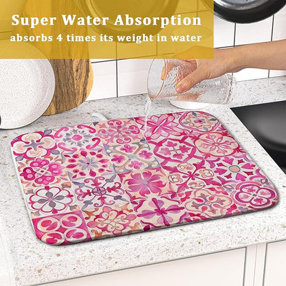 Pink Mexican Tiles Dish Drying Mat Absorbent Microfiber Dish Drying Pad for Kitchen Multi-use Large - Image 7