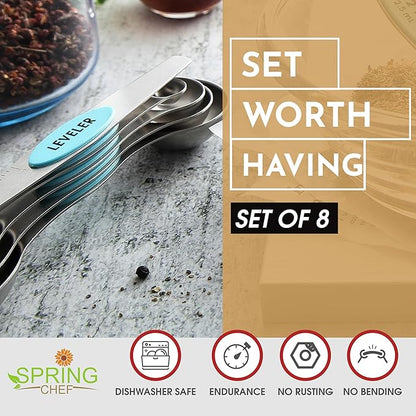 Spring Chef Stainless Steel Magnetic Measuring Spoons Set of 8 with Leveler, Nesting Metal Teaspoon & Tablespoon Measuring Spoons, Fits in Spice Jars, Kitchen Gadgets for Baking & Cooking - Aqua Sky - Image 2