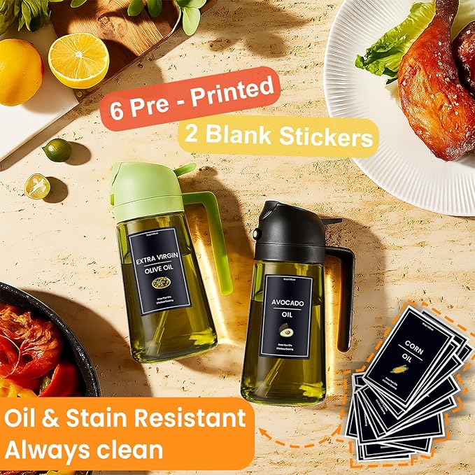 CXINYI - 16oz/470ml Olive Oil Dispenser for Kitchen with Stickers - 2 in 1 Olive Oil Sprayer for Cooking, Air Fryer, and Salad, Black&Green (Light-Proof Kitchen Gadget) - Image 2