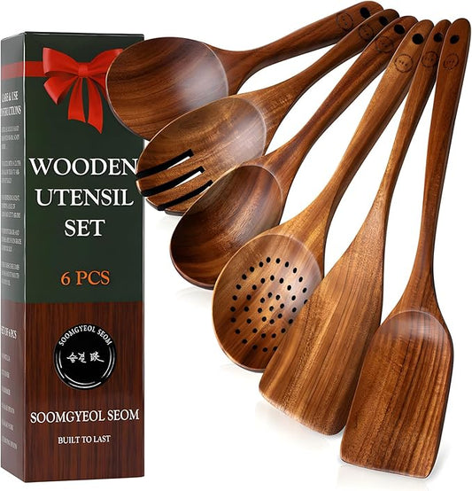6-Piece Natural Teak Wood Utensil Set - Compact Nonstick Cooking Spoons & Spatulas, Durable Wooden Tools by SOOMGYEOLSEOM