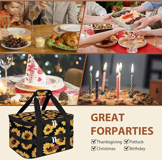 Double Casserole Carrier Bag，Expandable Thermal Food Carrier Insulated Travel Carry Bag for Hot or Cold Food for Picnic Cookouts Potluck Parties Fits 9" x 13" Baking Dish (Sunflower)