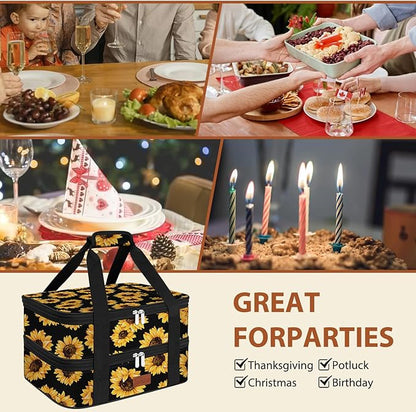 Double Casserole Carrier Bag，Expandable Thermal Food Carrier Insulated Travel Carry Bag for Hot or Cold Food for Picnic Cookouts Potluck Parties Fits 9" x 13" Baking Dish (Sunflower)