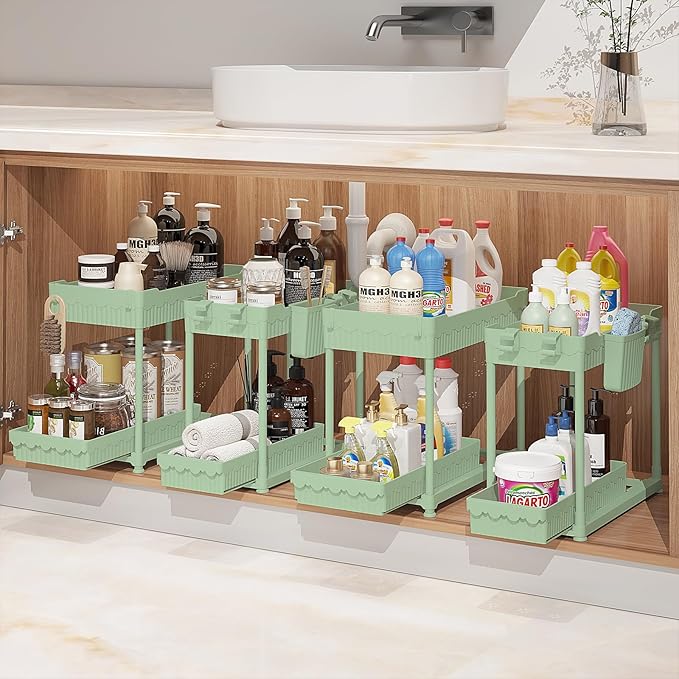 Sevenblue Under Sink Organizer, Bathroom Organizers and Storage, 2 Tier Multi-Use Pull Out Cabinet Organizer with Hang Hooks and Cups (Green, 4 Pack) by Sevenblue