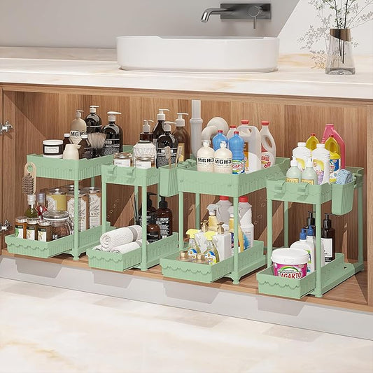 Sevenblue Under Sink Organizer, Bathroom Organizers and Storage, 2 Tier Multi-Use Pull Out Cabinet Organizer with Hang Hooks and Cups (Green, 4 Pack) by Sevenblue