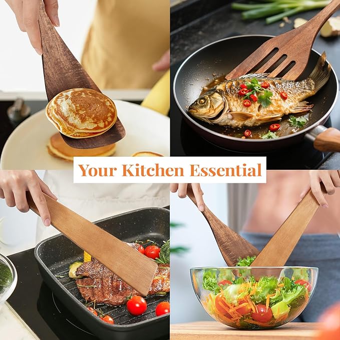 3Pcs Wooden Spatulas, Acacia Wood 12inch Long Handle Flat Frying Turner, Non-Stick Wooden Spoons for Cooking, Kitchen Utensils Set for Flipping, Scraping and Turning - Image 7