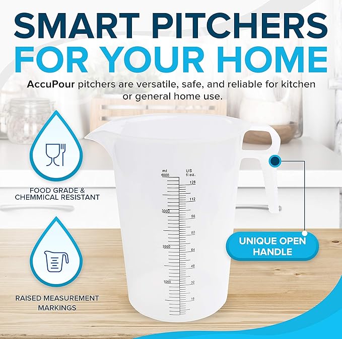 ACCUPOUR 128oz (1 gallon) Measuring Pitcher, Plastic, Multipurpose - Great for Oil, Chemicals, Pool and Lawn - Ounce (oz) and Milliliter (mL) Increments (4000 mL) - Image 2