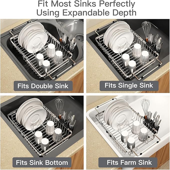MAJALiS Dish Drying Rack Over The Sink, Expandable Stainless Steel Dish Drainer for Small Kitchen Counter Space Saving, RV Compact Plate Strainer In Silver Metal with Hanging Adjustable Utensil Holder - Image 4