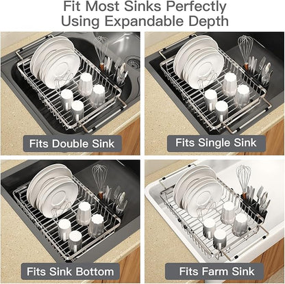 MAJALiS Dish Drying Rack Over The Sink, Expandable Stainless Steel Dish Drainer for Small Kitchen Counter Space Saving, RV Compact Plate Strainer In Silver Metal with Hanging Adjustable Utensil Holder - Image 4