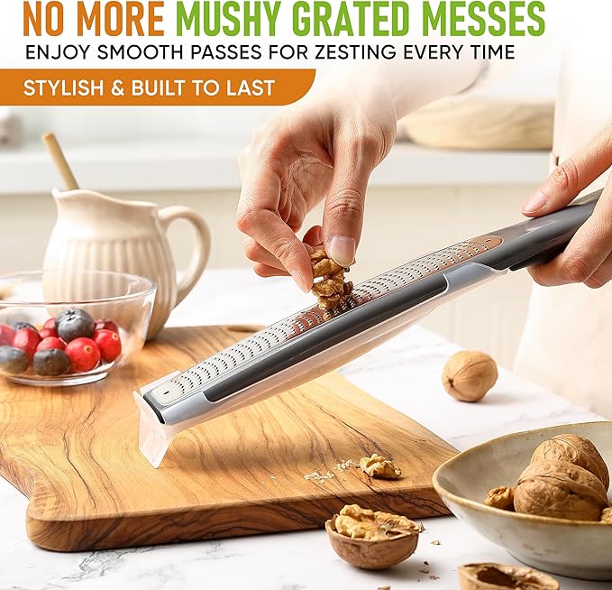 Spring Chef Premium Gray Lemon Zester Grater with Handle - Lime, Garlic, Ginger, Orange, Nutmeg, Fruit Grater - Heavy Duty Kitchen Tool - Stainless Steel Citrus Zester with Blade Cover - Fine Shred - Image 6