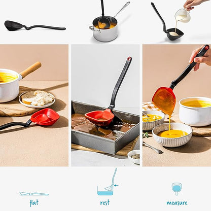 Dreamfarm Fladle Fold-Flat, Space-Saving Serving & Cooking Ladle Measures up to 1/2 Cup with Silicone Scraping Squeegee-Tip - 12" Black