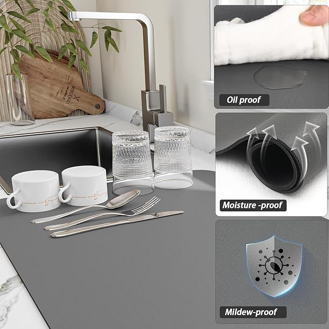HotLive Dish Drying Mat for Kitchen Counter, Heat Resistant Drainer Mats with Non-slip Rubber Backed, Hide Stain Kitchen Super Absorbent Draining Mat, Easy to Clean Dish Rack Pad, Dark Grey 16"x18" - Image 3