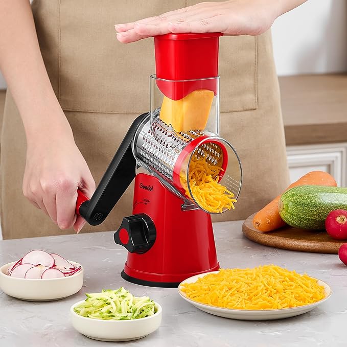 Geedel Rotary Cheese Grater, Kitchen Mandoline Vegetable Slicer with 3 Interchangeable Blades, Easy to Clean Grater for Fruit, Vegetables, Nuts - Image 8