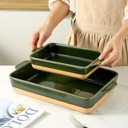 Ceramic Baking Casserole Dish with Handles, Large 9x13 inch Pan and Middle Baking Pan - Porcelain Serving Bakeware Set (Forest Green) - Image 2