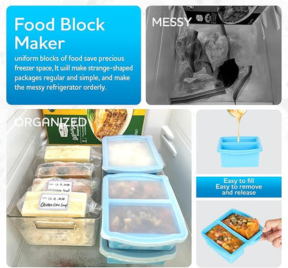 ZIP STANDING Silicone Freezer Trays with Lids, Set of 4 - with 1cup and 2 cup Silicone Freezer Molds for freezing soups, sauces and individual microwave safe