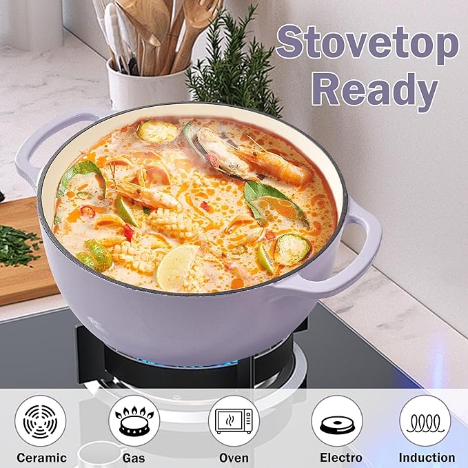 Vivicreate 6 Quart Enameled Cast Iron Dutch Oven Pot with Lid Heavy Duty Dutch Oven for Bread Baking Braising Stews Roasting Oven Safe up to 500°F Dual Handles Purple (Purple)