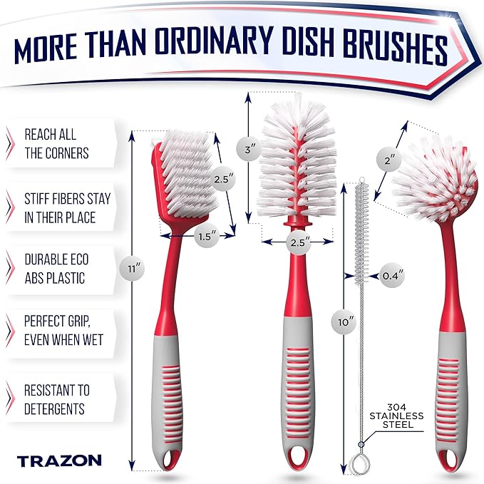 Dish Brush Set of 4 - Kitchen Scrub Brushes with Non-Slip Long Handle for Cleaning, Scrubber, Dishwashing, Dishes, Bottles, Straws, Cups, Pots & Sink, Red - Image 2