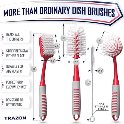 Dish Brush Set of 4 - Kitchen Scrub Brushes with Non-Slip Long Handle for Cleaning, Scrubber, Dishwashing, Dishes, Bottles, Straws, Cups, Pots & Sink, Red - Image 2
