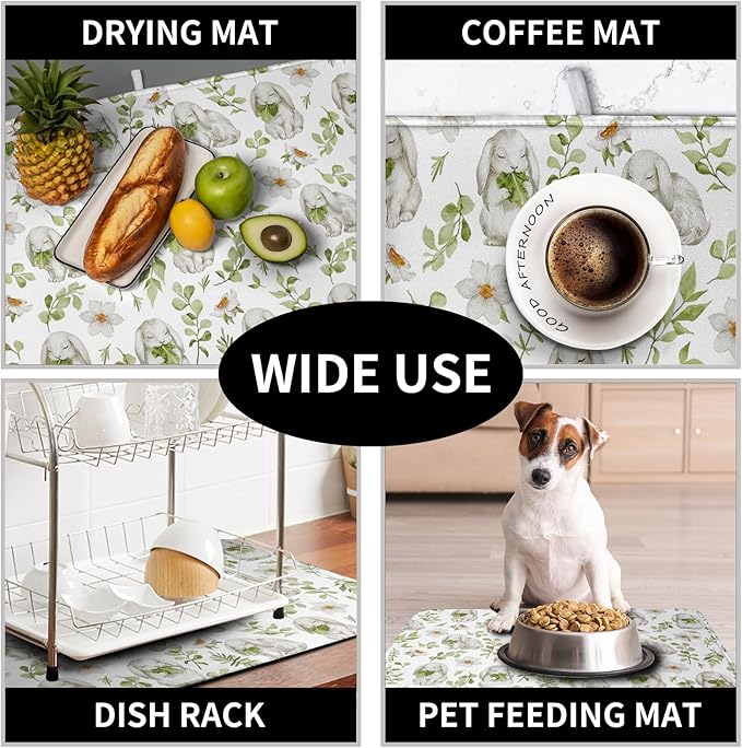 Easter Bunny Floral Drying Mat for Kitchen Counter Spring Easter Rabbits Green Leaves Dry Dish Mat Absorbent Microfiber Dish Draining Washable Dish Drainer Rack Mat 16x18 Inch - Image 7