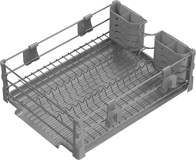 Simple Houseware Dish Drying Rack with Drainboard, Utensil Holder & Mug Hooks, Silver Metal Kitchen Counter Organizer - Image 6