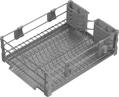 Simple Houseware Dish Drying Rack with Drainboard, Utensil Holder & Mug Hooks, Silver Metal Kitchen Counter Organizer - Image 6