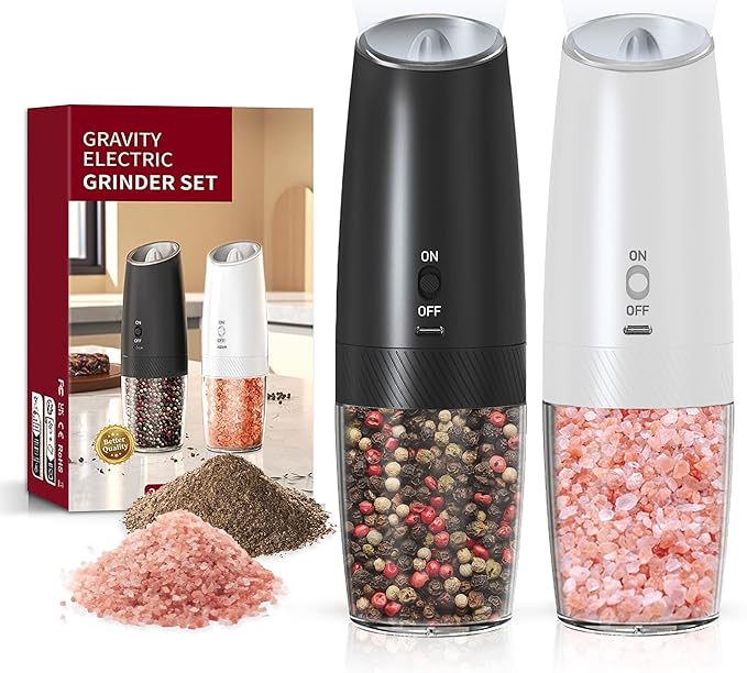 Rechargeable Salt And Pepper Grinder Set with LED Light, Automatic Electric Gravity Salt And Pepper Shakers Set, No Battery Needed, Adjustable Roughness, 2 Pack (Black&White) by Unknown