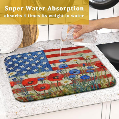 Patriotic American Flag Dish Drying Mat for Kitchen Counter 16x18 4th of July Red Blue White Floral Rustic Absorbent Reversible Microfiber Drying Mats Kitchen Countertop Protector Dishes Drainer Pad - Image 7