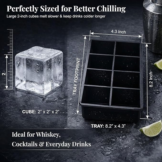 Large Silicone Ice Cube Tray - 3 Pack Trays for 8 Square Cubes with Large Bin, Scoop, Tong & 2 SS Straws - Easy Release Ice Mold for Whiskey, Cocktails, Coffee (Black) - Image 2