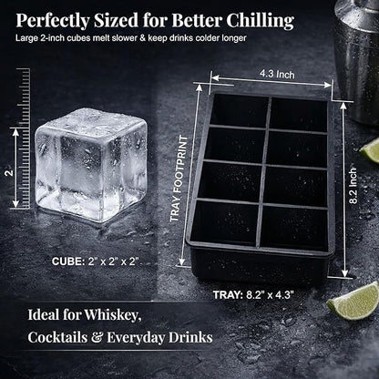 Large Silicone Ice Cube Tray - 3 Pack Trays for 8 Square Cubes with Large Bin, Scoop, Tong & 2 SS Straws - Easy Release Ice Mold for Whiskey, Cocktails, Coffee (Black) - Image 2