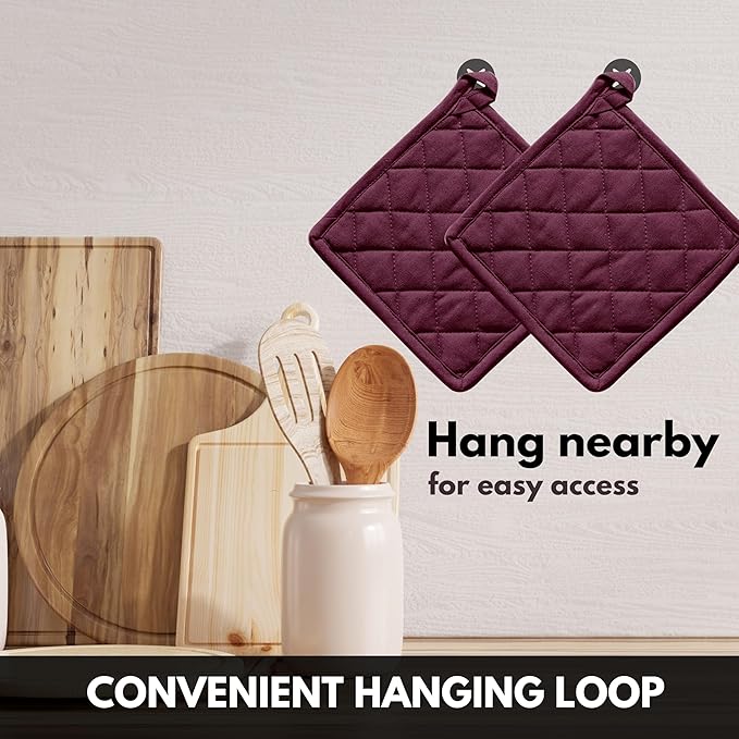 Oven Mitt (7"x13") & Pot Holder (8"x8") 100% Cotton Set of Heat Resistant Oven Gloves & Hot Pads for Gifts, BBQ, Cooking, Baking, Thanksgiving - Burgundy Wine