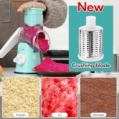 Ourokhome Rotary Cheese Grater Hand Crank, Kitchen Shredder Speed Mandolin Slicer Ice Shaver with Handle and Drum Blades for Cheese, Vegetable, Nuts, Chocolate, Potato, Carrot, 5 Blades, Blue - Image 3
