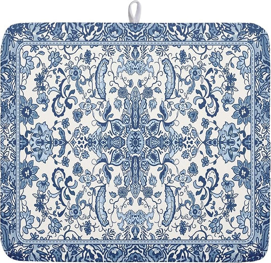 Chinoiserie Floral Dish Drying Mat for Kitchen Counter Blue and White Flowers Pattern Dish Drying Pad 16”x18”Absorbent Reversible Seasonal Decor Dishes Drainer Pad Dish Dry Rack Mat for Counter top