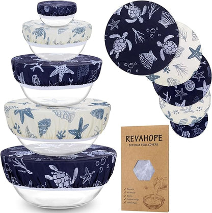 5-Size Reusable Beeswax Bowl Covers for Bread Proofing, Cotton Cloth Flexible Beeswax Wraps for Food Storage(Ocean Series) by Revahope