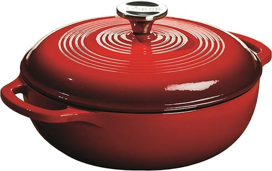 Lodge 3 Quart Enameled Cast Iron Dutch Oven with Lid – Dual Handles – Oven Safe up to 500° F or on Stovetop - Use to Marinate, Cook, Bake, Refrigerate and Serve – Island Spice Red by Lodge