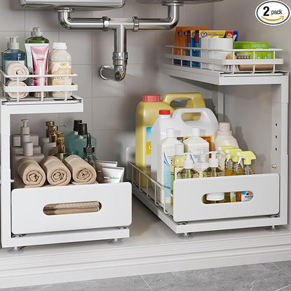 Under Sink Organizer Upgrade To Professional Rails,2-Tier Dual Pull Out Cabinet Storage,Height Adjustable Slide Out Drawers For Bathroom Kitchen,2 Pack-14.5"Dx12.8"-16.9"H,White by UnderSinkOrganizer
