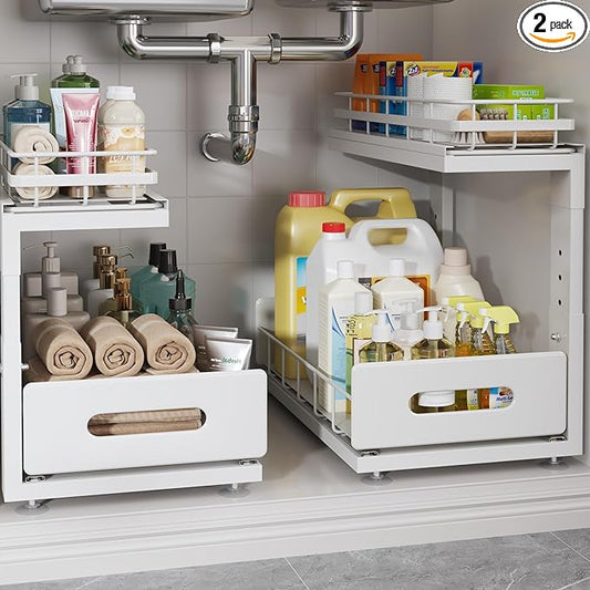 Under Sink Organizer Upgrade To Professional Rails,2-Tier Dual Pull Out Cabinet Storage,Height Adjustable Slide Out Drawers For Bathroom Kitchen,2 Pack-14.5"Dx12.8"-16.9"H,White by UnderSinkOrganizer