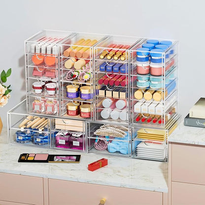 caktraie 2 Pack Desk Organizers, Makeup Organizer Storage with 7 Drawers, Desktop Office Supplies, Clear Desk Accessories, Dustproof Drawer Organizer and Storage for Make Up, Jewelry, Pen - Image 2