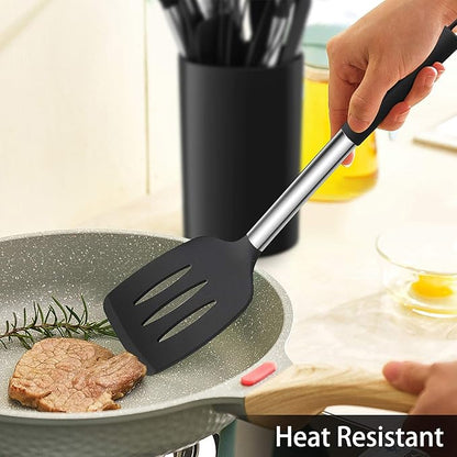 LIANYU 15-Piece Kitchen Cooking Utensils Set with Holder, Silicone Kitchen Tools Stainless Steel Handle, Slotted Spatula Spoon Turner Tong Whisk Brush for Cooking, Black - Image 5