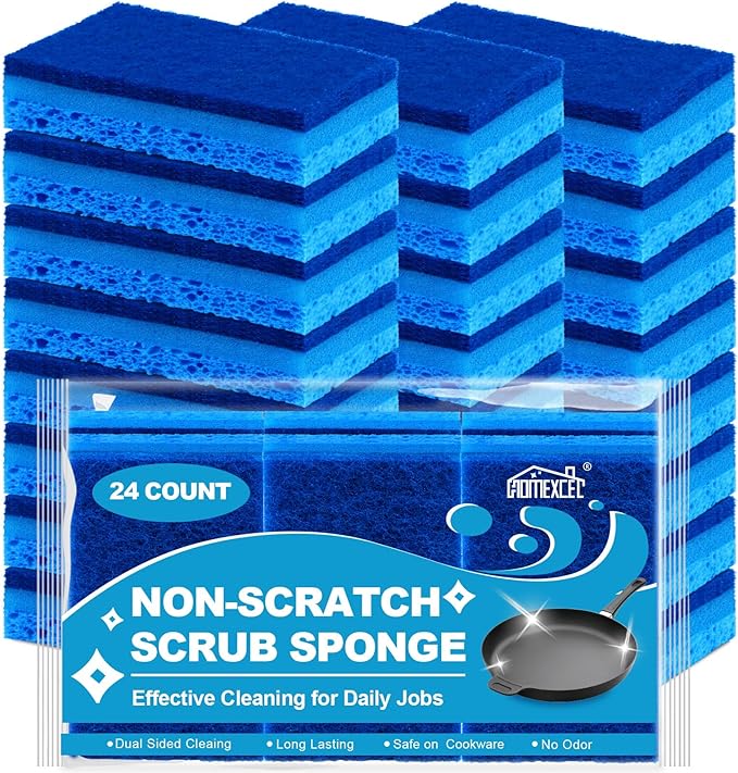 HOMEXCEL Sponges Kitchen 24pcs, Non-Scratch Sponges for Dishes, Scrub Cleaning Sponge Safe on Non-Stick Cookware, Dual Sided Dish Sponge for Kitchen, Household, Bathroom and More by HOMEXCEL