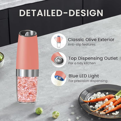 Battery Operated Salt And Pepper Grinder Set with LED Light, Automatic Electric Gravity Salt And Pepper Shakers Set, Each 6 AAA Batteries Needed, Adjustable Roughness, 2 Pack (Pink) - Image 5