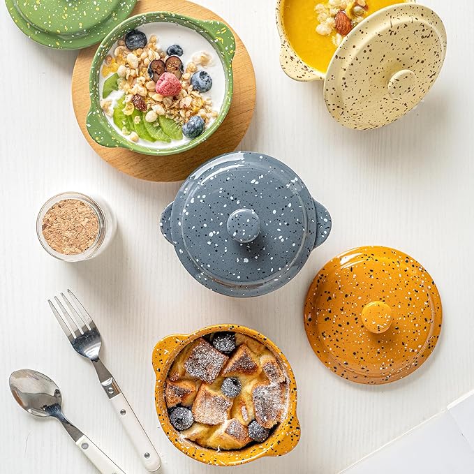 Individual Serving Pot Set of 4-10 Oz Ceramic Mini Cocotte with Handles & Lids - Great for Souffle, Soup, Cobbler, Stoneware Baking Ramekins, Oven Compatible,Gray