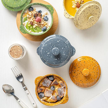 Individual Serving Pot Set of 4-10 Oz Ceramic Mini Cocotte with Handles & Lids - Great for Souffle, Soup, Cobbler, Stoneware Baking Ramekins, Oven Compatible,Gray
