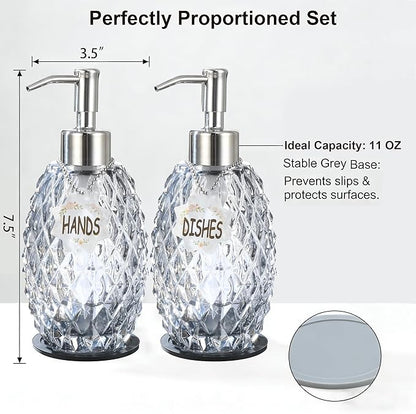 MALACHI Soap Dispenser Set, Crystal-Textured Diamond Glass with Rustproof Stainless Steel Pump, Dual-Labelled Hand & Dish Soap Dispenser for Kitchen & Bathroom