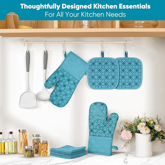 Oven Mitts and Pot Holders Set with Dishcloths, 500 Degree Heat Resistant Oven Gloves and Hot Pads, Premium Soft Cotton Kitchen Mittens and Dish Cloth Sets-Lake Blue - Image 7
