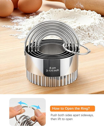 Biscuit Cutter Set with Handle, 5 Piece Stainless Steel Fluted Round Cookie Cutter Tool, Multi Size Wave Edge Dough Donut Cutters for Baking Cakes, Biscuits, Pastry Dough