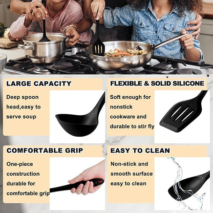 E-far 10 Pieces Silicone Cooking Utensils Set, Heat Resistant Kitchen Utensil Set for Nonstick Cookware, Kitchen Cooking Tools with Spatula, Spoon, Slotted Turner, Non-Toxic & Dishwasher Safe (Black) - Image 4