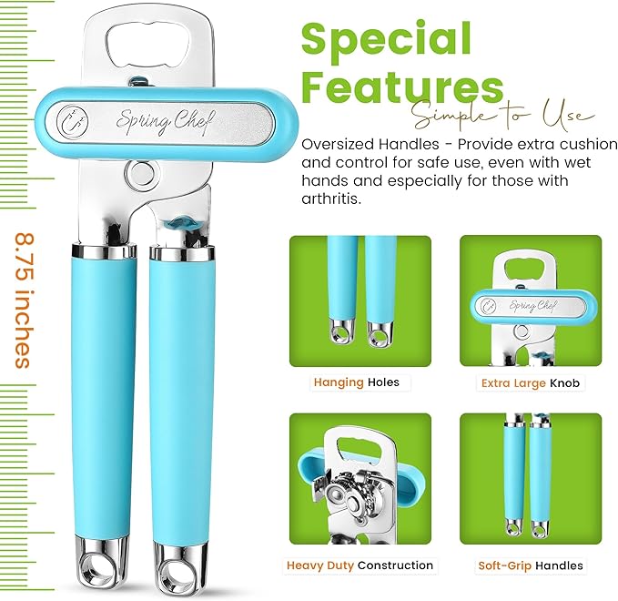 Spring Chef Stainless Steel Can Opener - Manual with Soft Grip Handles, Easy Turn, Heavy Duty Hand Can Openers for Seniors with Smooth Edge - Magnetic Lid Remover - Aqua Sky - Image 3