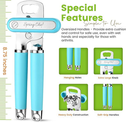 Spring Chef Stainless Steel Can Opener - Manual with Soft Grip Handles, Easy Turn, Heavy Duty Hand Can Openers for Seniors with Smooth Edge - Magnetic Lid Remover - Aqua Sky - Image 3