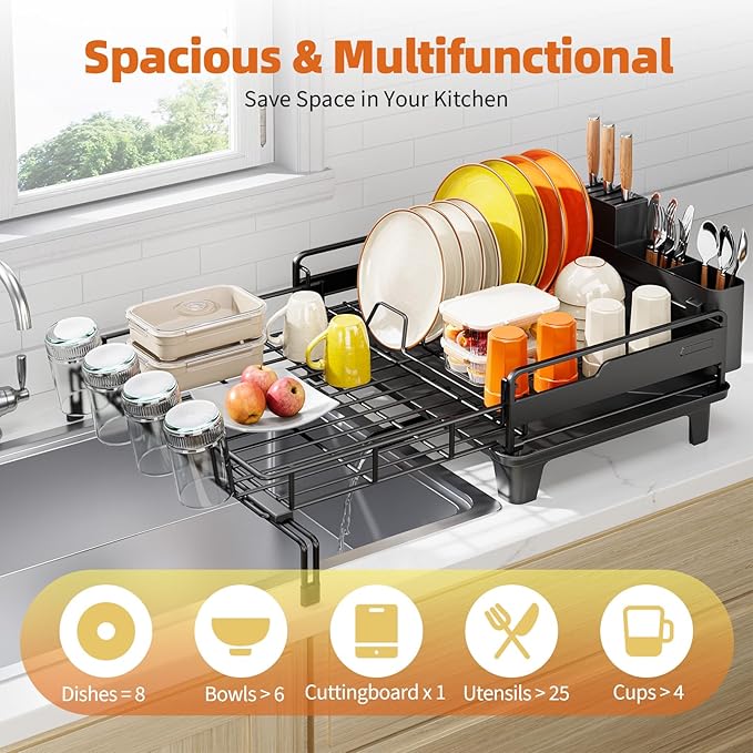 Urackify Dish Drying Rack - Extendable Dish Drainer, Large Dish Rack for Kitchen Counter, Rustproof Dish Strainer with Utensil Holder and Cups Holder, 1 Tier Black - Image 2