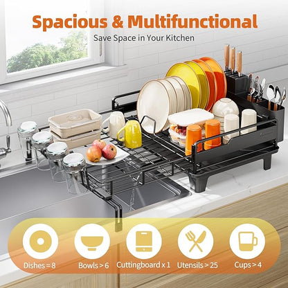 Urackify Dish Drying Rack - Extendable Dish Drainer, Large Dish Rack for Kitchen Counter, Rustproof Dish Strainer with Utensil Holder and Cups Holder, 1 Tier Black - Image 2