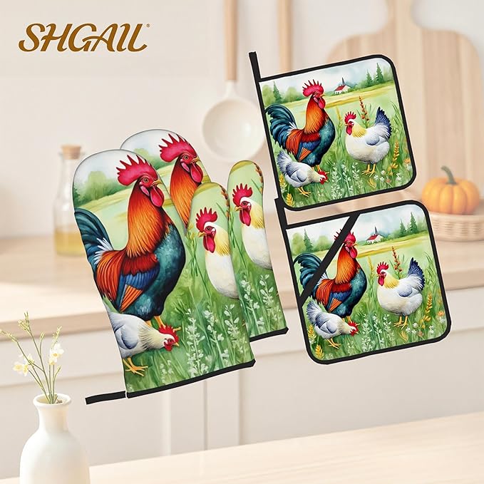 Oven Mitts and Hot Pads Set - Farmhouse Rooster Design, Heat Resistant Cute Pot Holders for Kitchen, Baking Gifts for Women